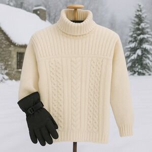 Inis Crafts Irish Wool Sweater Women's S Cream Cable Knit‎ Turtleneck Pullover